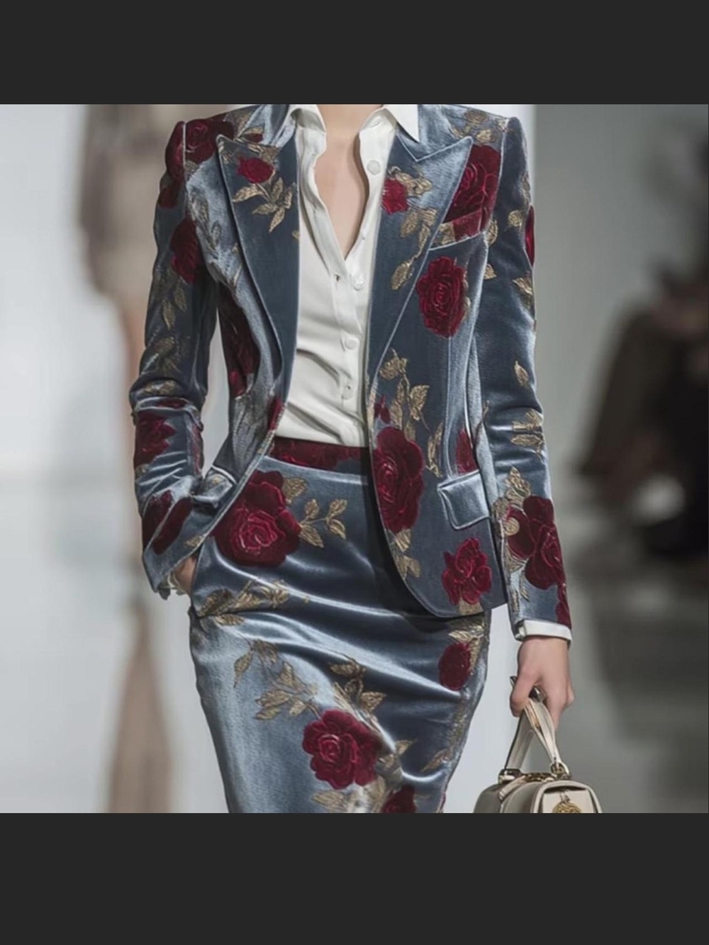 Gray Velvet Rose Floral Blazer & Pencil Skirt Suit Set XXL